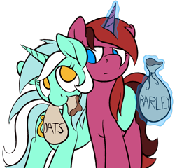 Size: 2400x2300 | Tagged: safe, artist:skookz, derpibooru import, lyra heartstrings, pony, unicorn, bag, duo, evil twin, female, food, happy, hug, looking at each other, magic, magic aura, mare, mouth hold, oats, serious, siblings, simple background, sisters, transparent background, twins