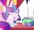 Size: 447x382 | Tagged: safe, derpibooru import, screencap, princess cadance, princess flurry heart, shining armor, alicorn, pony, best gift ever, baby, baby flurry heart, baby pony, bowl, diaper, eating, food, pudding, puddinghead's pudding, spoon