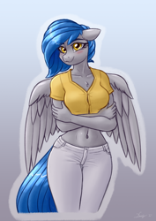 Size: 2356x3333 | Tagged: safe, artist:dandy, derpibooru import, oc, oc only, oc:rainstorm, anthro, pegasus, aeroverse, belly button, blushing, breasts, chest fluff, clothes, commission, crossed arms, explicit source, female, looking at you, mare, pants, short shirt, solo, wings