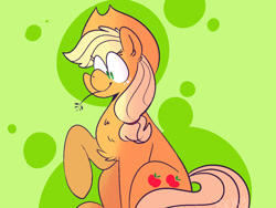 Size: 1280x960 | Tagged: safe, artist:rick-yy, derpibooru import, applejack, earth pony, pony, abstract background, chest fluff, female, mare, no pupils, sitting, solo, straw in mouth