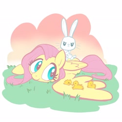 Size: 2233x2233 | Tagged: safe, artist:pfeffaroo, derpibooru import, angel bunny, fluttershy, pegasus, pony, rabbit, animal, chick, cute, duo, female, high res, lying down, male, mare, prone, shyabetes, spread wings, wings