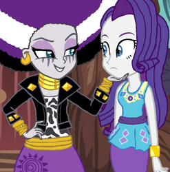 Size: 705x714 | Tagged: safe, artist:bigpurplemuppet99, artist:mlp-silver-quill, derpibooru import, rarity, zecora, equestria girls, afro, female, lesbian, raricora, rarity peplum dress, shipping, toy interpretation