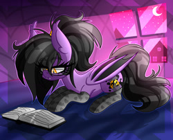 Size: 1630x1320 | Tagged: safe, artist:ladylullabystar, derpibooru import, oc, oc only, bat pony, pony, book, clothes, female, glasses, lying down, mare, night, prone, reading, socks, solo, stockings, thigh highs