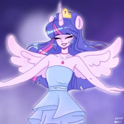 Size: 2048x2048 | Tagged: safe, alternate version, artist:twiskielulamoon, derpibooru import, twilight sparkle, twilight sparkle (alicorn), alicorn, human, equestria girls, alicorn humanization, bare shoulders, choker, clothes, dress, eyes closed, grin, horn, horned humanization, humanized, jewelry, lipstick, purple background, signature, simple background, sleeveless, smiling, solo, spread wings, strapless, tiara, winged humanization, wings