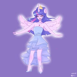 Size: 2048x2048 | Tagged: safe, alternate version, artist:twiskielulamoon, derpibooru import, twilight sparkle, twilight sparkle (alicorn), alicorn, human, equestria girls, alicorn humanization, bare shoulders, choker, clothes, dress, eyes closed, grin, high heels, horn, horned humanization, humanized, jewelry, lipstick, purple background, shoes, signature, simple background, sleeveless, smiling, solo, spread wings, strapless, tiara, winged humanization, wings