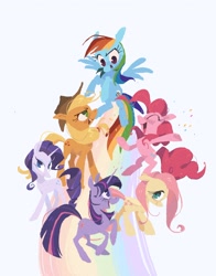 Size: 2414x3077 | Tagged: safe, alternate version, artist:frozenspots, derpibooru import, applejack, fluttershy, pinkie pie, rainbow dash, rarity, twilight sparkle, unicorn twilight, unicorn, mane six, rainbow, simple background