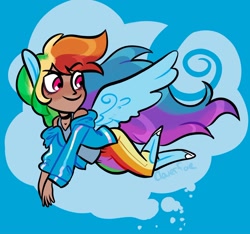 Size: 2048x1917 | Tagged: safe, artist:carconutty, derpibooru import, rainbow dash, human, female, flying, humanized, moderate dark skin, ponied up, solo, winged humanization, wings