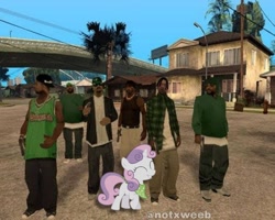 Size: 900x720 | Tagged: safe, artist:mactavish1996, derpibooru import, editor:notxweeb, sweetie belle, sisterhooves social, bandana, barely pony related, clothes, families, gangsta, grand theft auto, gta san andreas, photo, video game crossover, watermark