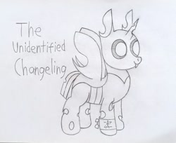 Size: 1649x1346 | Tagged: safe, artist:theunidentifiedchangeling, derpibooru import, oc, oc only, oc:[unidentified], changeling, changeling oc, closed mouth, cute, cuteling, eyes open, fangs, horn, male, mouth closed, open eyes, pencil drawing, solo, symbol, three quarter view, traditional art, wings