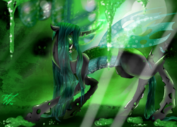 Size: 1000x720 | Tagged: safe, artist:midnight-bats, derpibooru import, queen chrysalis, changeling, changeling queen, changeling hive, fangs, female, solo focus