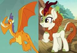 Size: 1510x1045 | Tagged: safe, derpibooru import, edit, screencap, autumn blaze, billy (dragon), dragon, kirin, gauntlet of fire, sounds of silence, background dragon, billyblaze, crack shipping, cropped, female, flying, male, shipping, shipping domino, straight, teenaged dragon