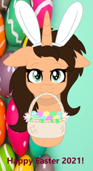 Size: 1400x2555 | Tagged: safe, artist:lynnthenerdkitty, derpibooru import, oc, oc:small brooke, pony, unicorn, basket, bunny ears, easter egg, mouth hold