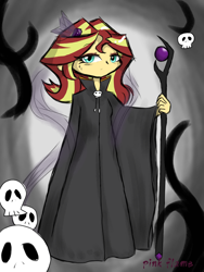 Size: 1080x1440 | Tagged: safe, artist:pink flame, derpibooru import, sunset shimmer, equestria girls, clothes, female, gradient background, looking at you, skull, solo, staff, two toned hair