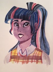 Size: 795x1080 | Tagged: safe, artist:ariamidnighters, artist:midnighters_forever, derpibooru import, sci-twi, twilight sparkle, equestria girls, bust, clothes, missing accessory, plaid, shirt, solo, traditional art, vest, watercolor painting