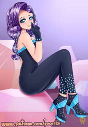 Size: 1400x2000 | Tagged: safe, artist:focusb, derpibooru import, rarity, human, equestria girls, the other side, bare shoulders, human coloration, humanized, lipstick, looking at you, sleeveless, strapless, unitard