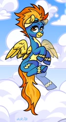 Size: 584x1080 | Tagged: safe, artist:ariamidnighters, artist:midnighters_forever, derpibooru import, spitfire, pegasus, pony, clothes, cloud, flying, goggles, sky background, solo, uniform, wonderbolts uniform