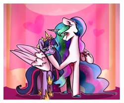 Size: 600x500 | Tagged: safe, artist:ariamidnighters, artist:midnighters_forever, derpibooru import, princess celestia, twilight sparkle, twilight sparkle (alicorn), alicorn, pony, accessory swap, blushing, crown, eye contact, female, heart, hoof on chin, hoof shoes, hug, jewelry, lesbian, looking at each other, mare, one hoof raised, regalia, shipping, twilestia, winghug, wings