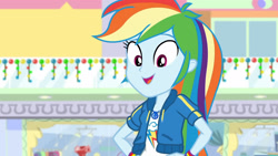 Size: 3410x1920 | Tagged: safe, derpibooru import, screencap, rainbow dash, equestria girls, equestria girls series, holidays unwrapped, spoiler:eqg series (season 2), clothes, cute, cutie mark, cutie mark on clothes, dashabetes, dashing through the mall, female, geode of super speed, hoodie, jewelry, magical geodes, necklace, open mouth, smiling, solo