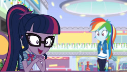 Size: 3410x1920 | Tagged: safe, derpibooru import, screencap, rainbow dash, sci-twi, twilight sparkle, equestria girls, equestria girls series, holidays unwrapped, spoiler:eqg series (season 2), bowtie, clothes, cutie mark, cutie mark on clothes, dashing through the mall, duo, duo female, female, geode of super speed, geode of telekinesis, glasses, hoodie, magical geodes, ponytail