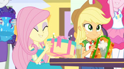 Size: 3410x1920 | Tagged: safe, derpibooru import, screencap, applejack, fluttershy, pinkie pie, rarity, equestria girls, equestria girls series, holidays unwrapped, spoiler:eqg series (season 2), applejack's hat, clothes, cowboy hat, cute, cutie mark, cutie mark on clothes, dashing through the mall, denim skirt, duo, duo female, duo focus, eyes closed, female, geode of fauna, geode of sugar bombs, geode of super strength, gift box, hat, jackabetes, magical geodes, milkshake, muscles, offscreen character, present, rarity peplum dress, shyabetes, skirt, smiling, tanktop
