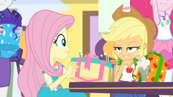 Size: 3410x1920 | Tagged: safe, derpibooru import, screencap, applejack, fluttershy, pinkie pie, rarity, equestria girls, equestria girls series, holidays unwrapped, spoiler:eqg series (season 2), applejack's hat, clothes, cowboy hat, cutie mark, cutie mark on clothes, dashing through the mall, denim skirt, duo, duo female, duo focus, female, geode of fauna, geode of sugar bombs, gift box, hat, jewelry, magical geodes, milkshake, necklace, offscreen character, present, rarity peplum dress, skirt, smiling, smugjack, tanktop