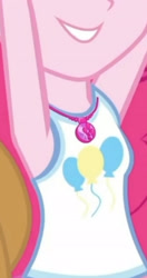 Size: 1920x3634 | Tagged: safe, derpibooru import, screencap, pinkie pie, better together, equestria girls, holidays unwrapped, applejack's hat, armpits, boobshot, breasts, clothes, cowboy hat, cropped, cutie mark, cutie mark on clothes, dashing through the mall, female, geode of sugar bombs, hat, jewelry, magical geodes, necklace, offscreen character, pictures of chests, smiling, solo, tanktop