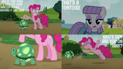 Size: 1280x720 | Tagged: safe, derpibooru import, edit, edited screencap, editor:quoterific, screencap, maud pie, pinkie pie, tank, earth pony, pony, tortoise, rock solid friendship, eyes closed, female, male, mare, stallion