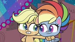 Size: 1920x1080 | Tagged: safe, derpibooru import, screencap, applejack, rainbow dash, earth pony, pegasus, cotton candy-colored glasses, my little pony: pony life, spoiler:pony life s02e04, cheek to cheek, freckles, hoof on shoulder, looking at each other, smiling, wings