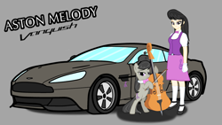 Size: 3840x2160 | Tagged: safe, artist:forzaveteranenigma, derpibooru import, octavia melody, human, pony, fanfic:equestria motorsports, aston martin, aston martin vanquish, bow (instrument), car, cello, cello bow, clothes, dress, flats, human coloration, humanized, musical instrument, shoes, simple background