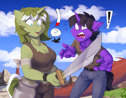 Size: 1280x1000 | Tagged: safe, artist:hakkids2, derpibooru import, oc, oc only, anthro, unicorn, breasts, clothes, commission, digital art, duo, female, horn, male, oc x oc, oops, open mouth, pants, shipping, shirt, shocked, shocked expression, shrunken pupils, straight, tail, thighs, wide hips, ych result