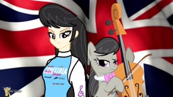 Size: 3840x2160 | Tagged: safe, artist:forzaveteranenigma, derpibooru import, octavia melody, pony, fanfic:equestria motorsports, bow (instrument), cello, cello bow, england, great britain, musical instrument, racing suit, union jack