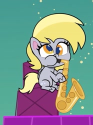 Size: 427x573 | Tagged: safe, derpibooru import, screencap, derpy hooves, pegasus, pony, my little pony: pony life, the comet section, spoiler:pony life s02e03, cropped, cute, derpabetes, hoof hold, musical instrument, puffy cheeks, saxophone, solo