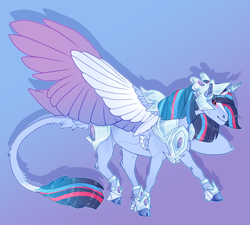 Size: 2000x1800 | Tagged: safe, alternate version, artist:seffiron, derpibooru import, oc, oc:minty breeze, alicorn, pony, armor, colored wings, female, magical lesbian spawn, mare, multicolored wings, offspring, parent:rainbow dash, parent:twilight sparkle, parents:twidash, solo, wings