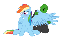 Size: 2111x1406 | Tagged: safe, artist:eel's stuff, derpibooru import, rainbow dash, oc, oc:anon, human, pony, blushing, grooming, preening