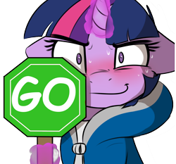 Size: 1222x1138 | Tagged: safe, artist:captainpudgemuffin, derpibooru import, edit, twilight sparkle, pony, blushing, clothes, ears, female, floppy ears, hoodie, levitation, looking at you, magic, mare, octagon, sans (undertale), simple background, smiling, solo, sweat, telekinesis, undertale, white background, wide eyes