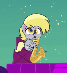Size: 294x323 | Tagged: safe, derpibooru import, screencap, derpy hooves, pegasus, my little pony: pony life, the comet section, spoiler:pony life s02e03, animated, cute, derpabetes, gif, music notes, musical instrument, saxophone, sitting, solo, stage
