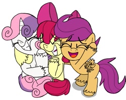 Size: 627x499 | Tagged: safe, derpibooru import, apple bloom, scootaloo, sweetie belle, earth pony, pegasus, pony, unicorn, bow, cutie mark crusaders, hug, smiling