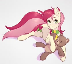 Size: 2256x1997 | Tagged: safe, artist:barlerd, derpibooru import, roseluck, earth pony, pony, collar, commission, commissioner:doom9454, cute, cuteluck, looking at you, lying down, pet collar, pet tag, pony pet, prone, rosepet, simple background, teddy bear, white background