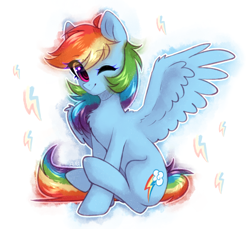 Size: 1804x1656 | Tagged: safe, artist:avrameow, derpibooru import, rainbow dash, pegasus, pony, chest fluff, cute, dashabetes, eye clipping through hair, female, looking at you, mare, one eye closed, sitting, smiling, smiling at you, solo, wink