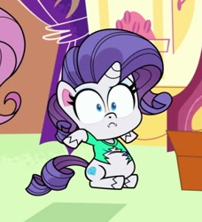 Size: 506x554 | Tagged: safe, derpibooru import, screencap, rarity, pony, unicorn, cotton candy-colored glasses, my little pony: pony life, spoiler:pony life s02e04, belly, chubbity, chubby, clothes, cropped, fat, female, mare, raritubby, shirt, sitting, wardrobe malfunction