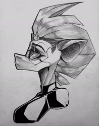 Size: 1609x2048 | Tagged: safe, artist:narkozexe, derpibooru import, tempest shadow, anthro, unicorn, broken horn, horn, lidded eyes, scar, sketch, solo, traditional art