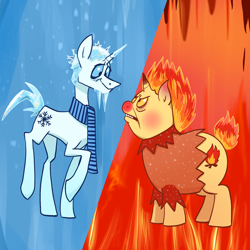 Size: 2048x2048 | Tagged: safe, artist:pfeffaroo, derpibooru import, pony, unicorn, angry, clothes, fire, heat miser, ice, icicle, ponified, scarf, shirt, snow miser, the year without a santa claus