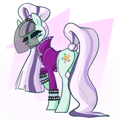 Size: 2048x2048 | Tagged: safe, artist:pfeffaroo, derpibooru import, coloratura, earth pony, pony, bracelet, butt, clothes, coloratur-ass, countess coloratura, jacket, jewelry, lidded eyes, looking at you, looking back, plot, solo, unamused, veil