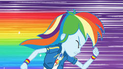 Size: 3410x1920 | Tagged: safe, derpibooru import, screencap, rainbow dash, better together, equestria girls, holidays unwrapped, clothes, cutie mark, cutie mark on clothes, dashing through the mall, eyes closed, female, geode of super speed, hoodie, jewelry, magical geodes, necklace, rainbow trail, running, solo