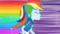 Size: 3410x1920 | Tagged: safe, derpibooru import, screencap, rainbow dash, better together, equestria girls, holidays unwrapped, clothes, cutie mark, cutie mark on clothes, dashing through the mall, eyes closed, female, geode of super speed, hoodie, jewelry, magical geodes, necklace, open mouth, rainbow trail, running, solo