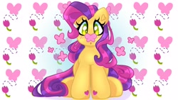 Size: 4096x2304 | Tagged: safe, artist:sketchthewitch, derpibooru import, mayor flitter flutter, butterfly, earth pony, pony, g3, blushing, butterfly on nose, insect on nose, solo