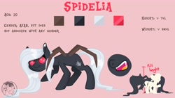 Size: 4096x2304 | Tagged: safe, artist:sketchthewitch, derpibooru import, oc, oc only, oc:spidelia, monster pony, pony, spider, fangs, glowing eyes, red eyes, reference sheet, solo