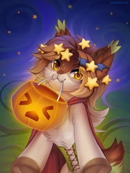 Size: 899x1200 | Tagged: safe, artist:margony, derpibooru import, oc, oc only, cat, cat pony, original species, pony, halloween, holiday, jack-o-lantern, looking at you, mouth hold, pumpkin, smiling, solo, stars, underhoof