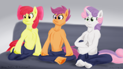 Size: 1920x1080 | Tagged: safe, artist:rockhoppr3, derpibooru import, apple bloom, scootaloo, sweetie belle, anthro, earth pony, pegasus, semi-anthro, unguligrade anthro, unicorn, arm hooves, chest fluff, clothes, cutie mark crusaders, pajamas, pants, partial nudity, sofa, topless, unshorn fetlocks