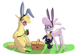 Size: 1344x948 | Tagged: safe, artist:hitsuji, derpibooru import, paprika paca, pom lamb, alpaca, dog, sheep, them's fightin' herds, apple, basket, bell, bell collar, bunny ears, collar, community related, easter, food, group, holiday, painting